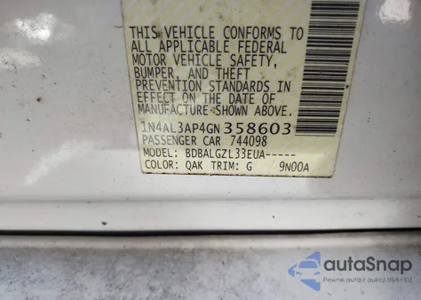 2016 Nissan Altima 2.5 z USA, uszkodzony, nr VIN 1N4AL3AP4GN358603